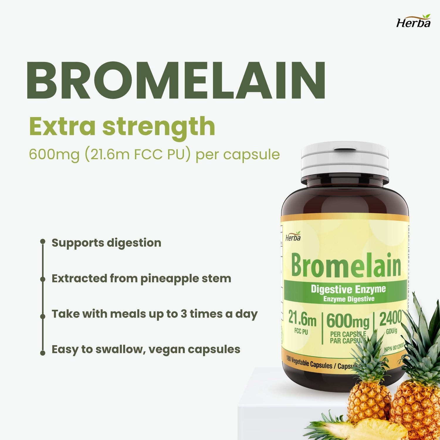 브로멜라인 보충제 600mg – 180캡슐 | 최대 효능 2,400 GDU/g