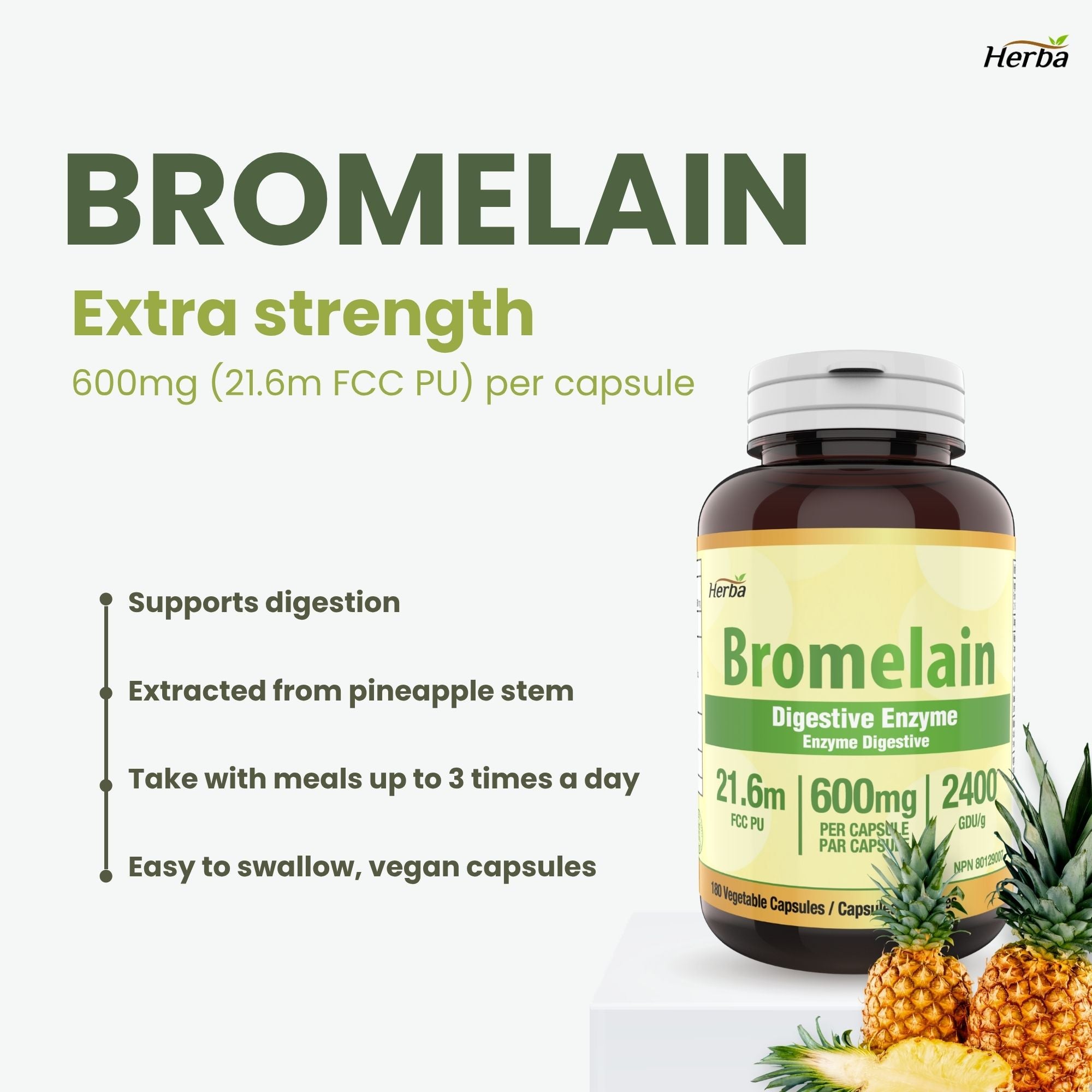 브로멜라인 보충제 600mg – 180캡슐 | 최대 효능 2,400 GDU/g