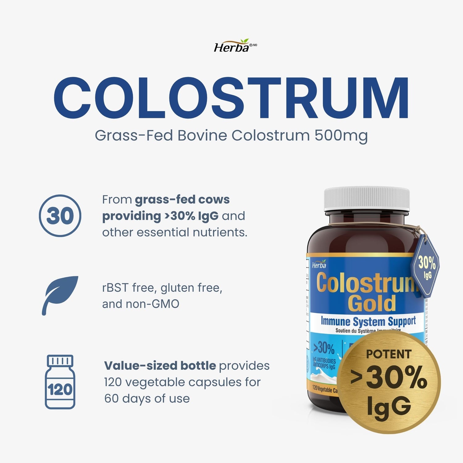 초유 단백질 1000mg 120식물성캡슐 락토페린과 면역글로불린 30% IgG 풍부