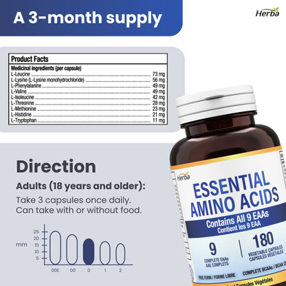 Essential Amino Acids Supplement – 180 Capsules | All 9 EAA Supplement in Free Form | Made in Canada