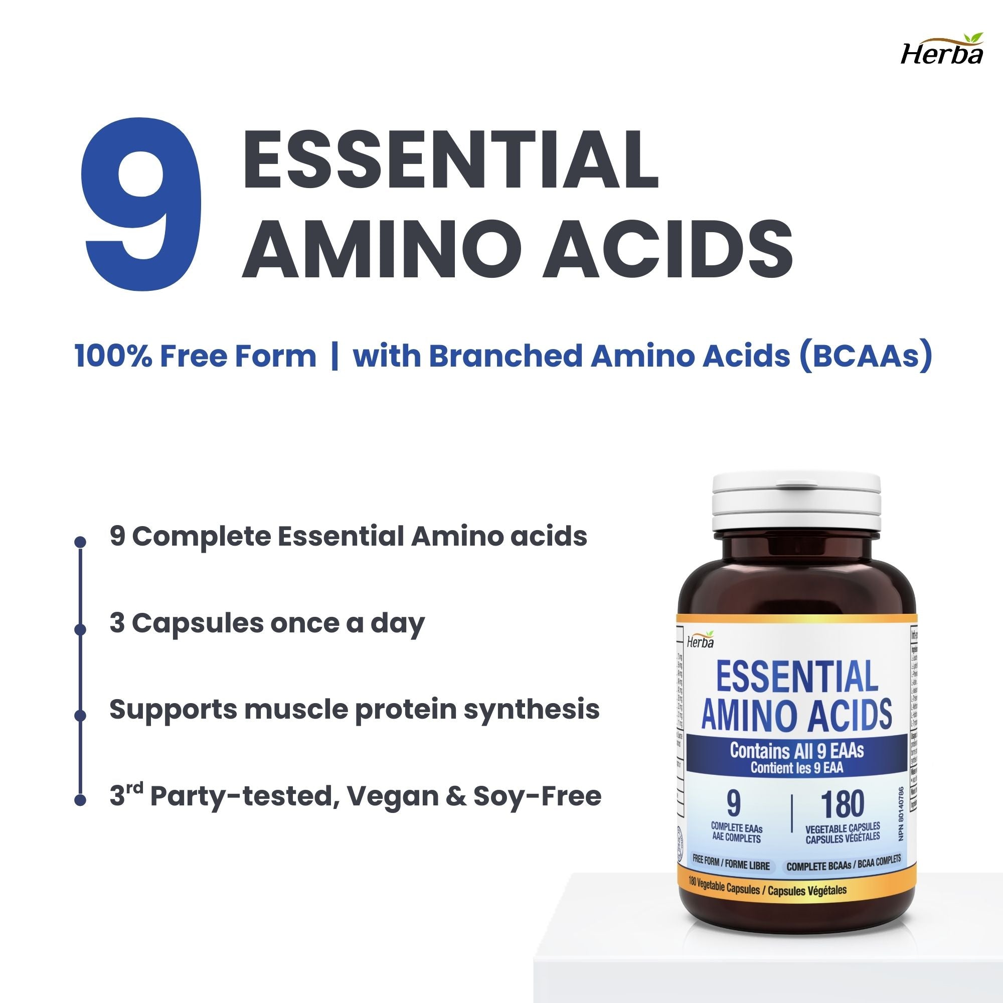 Essential Amino Acids Supplement – 180 Capsules | All 9 EAA Supplement in Free Form | Made in Canada