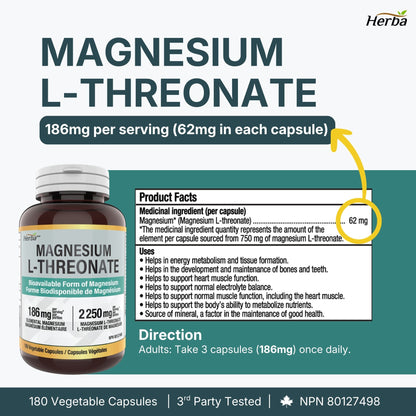트레온산 마그네슘 2250mg 180캡슐 순수 마그네슘 186mg 캐나다산 