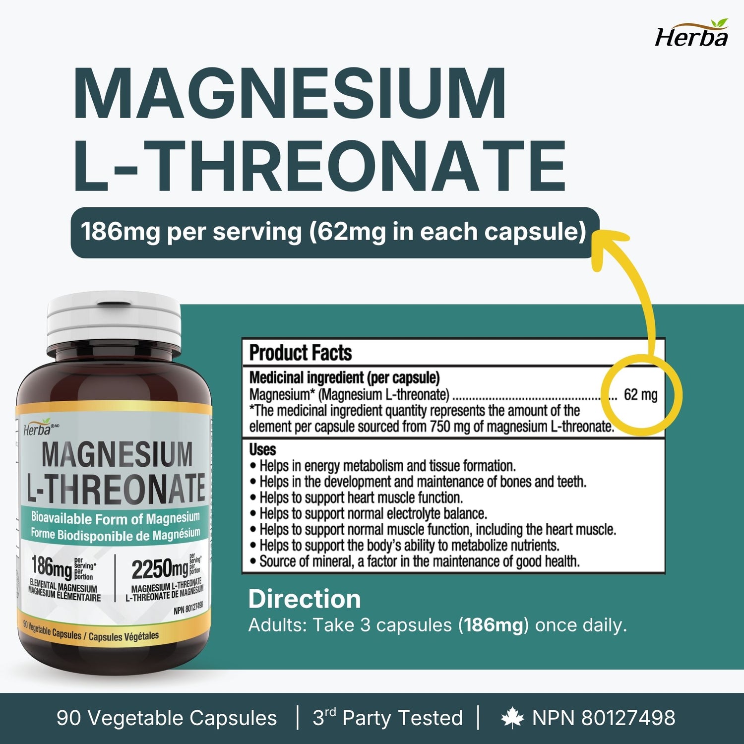 L- 트레온산 마그네슘 – 186mg  90 식물성 캡슐