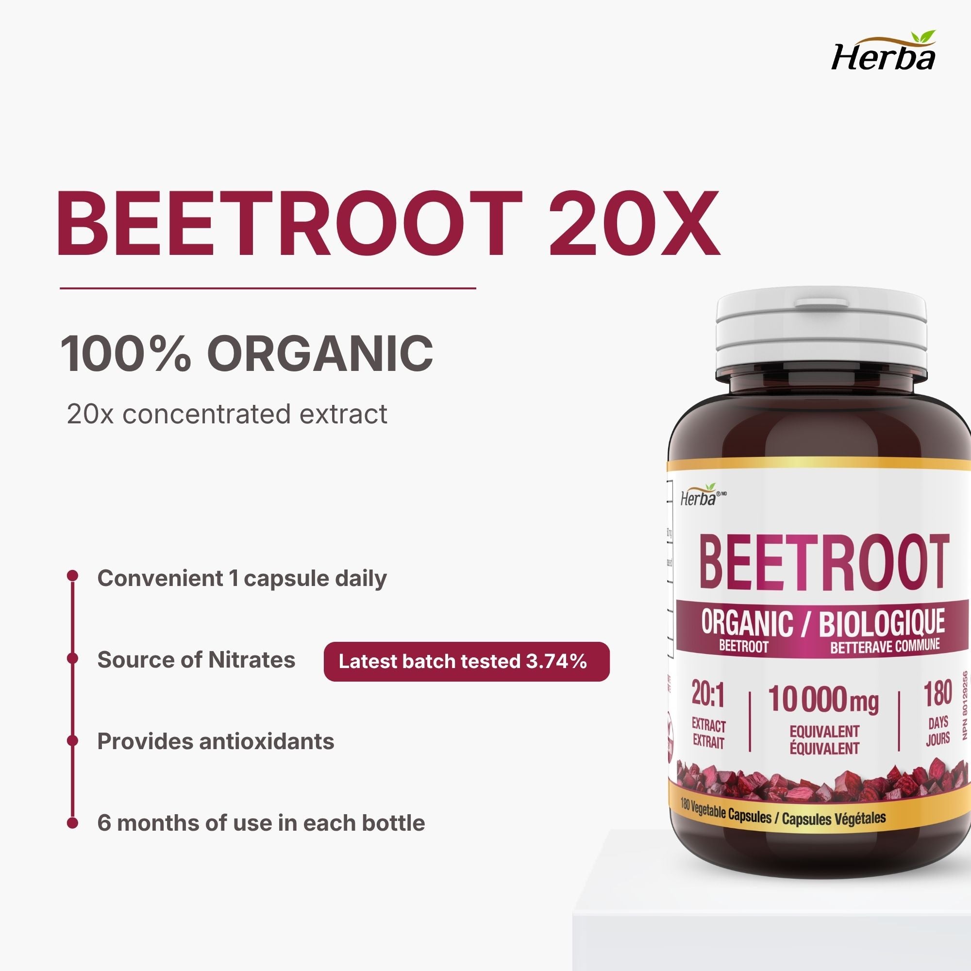 유기농 비트 뿌리  10,000mg 180캡슐 20배 농축 레드 비트비트 캐나다산