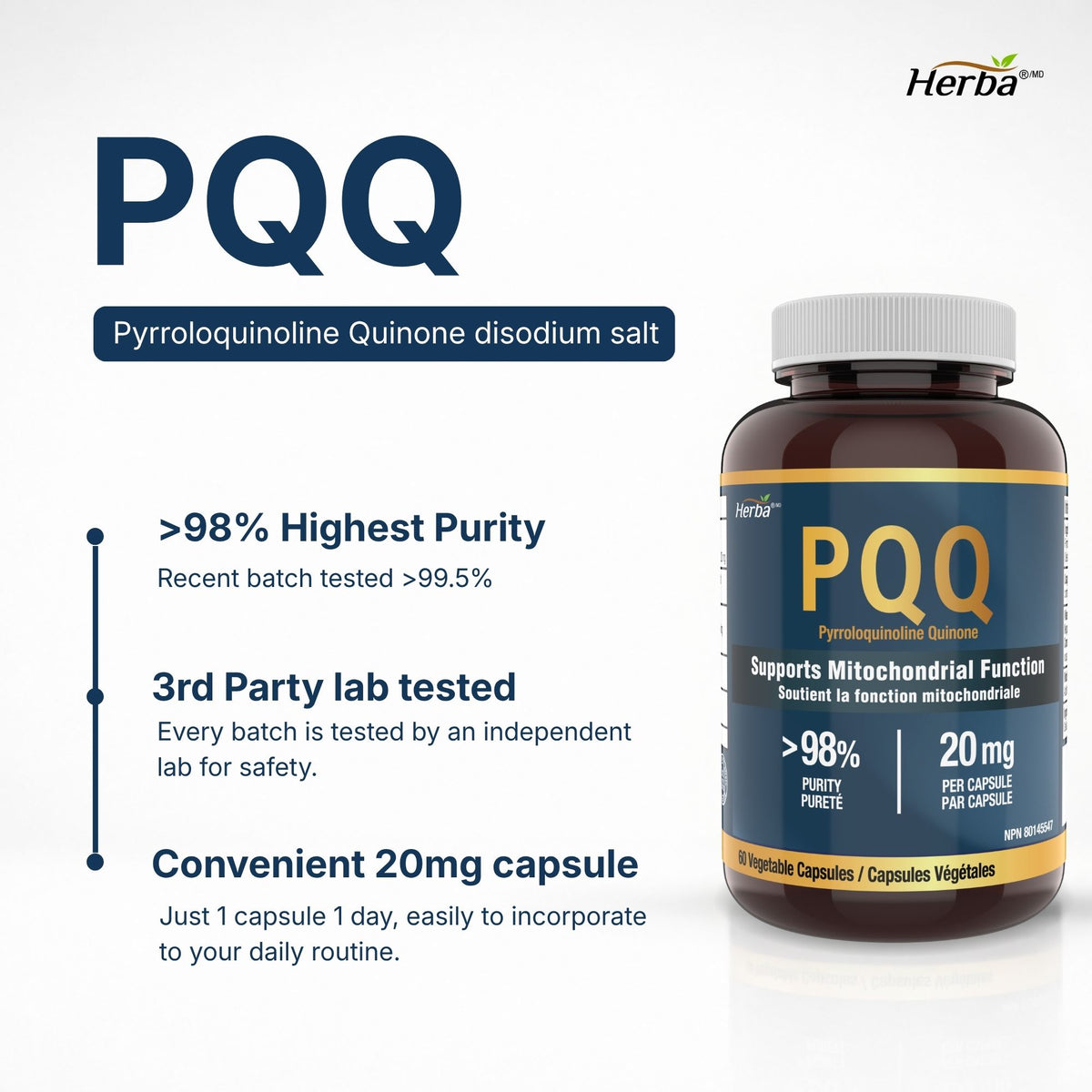 PQQ 20mg 피롤로퀴놀린 퀴논 60캡슐 | 캐나다산