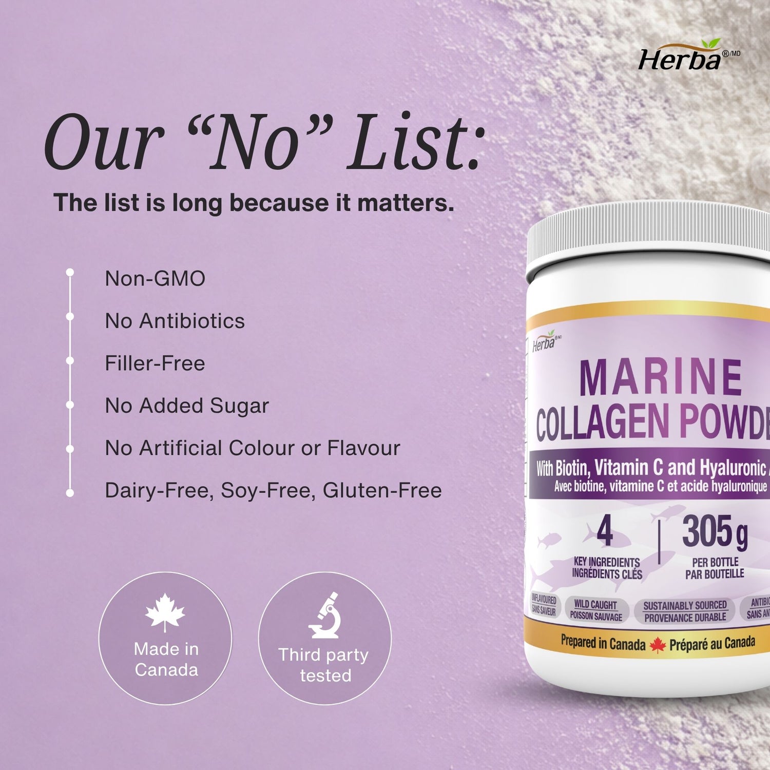 Marine Collagen Powder with Hyaluronic Acid, Vitamin C, and Biotin – 305g | Made in Canada