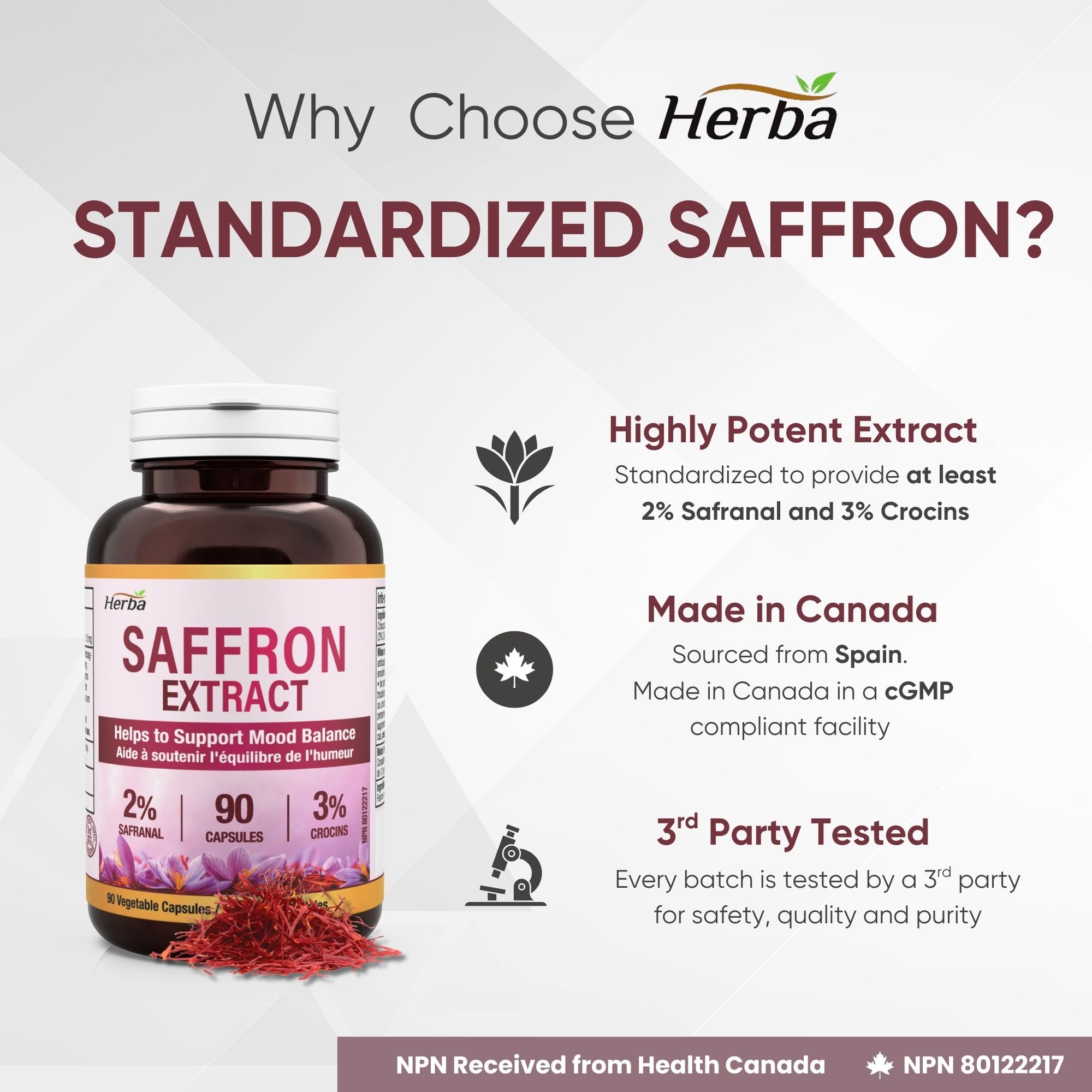 Herba 사프란 보충제 – 90 캡슐 | 2% Safranal로 표준화된 사프란 추출물