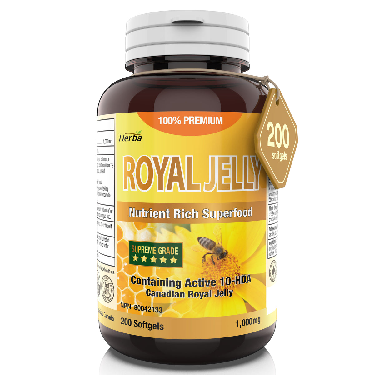 100% 자연산 로얄제리 2000mg 200캡슐 10-HDA(하이드록시데덴산) 함유 로얄젤리
