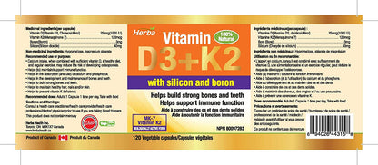 비타민K2 D3 120식물성캡슐 비타민D3 1000IU 비타민K2 mk-7 실리카 보론 함유 치아 뼈 건강